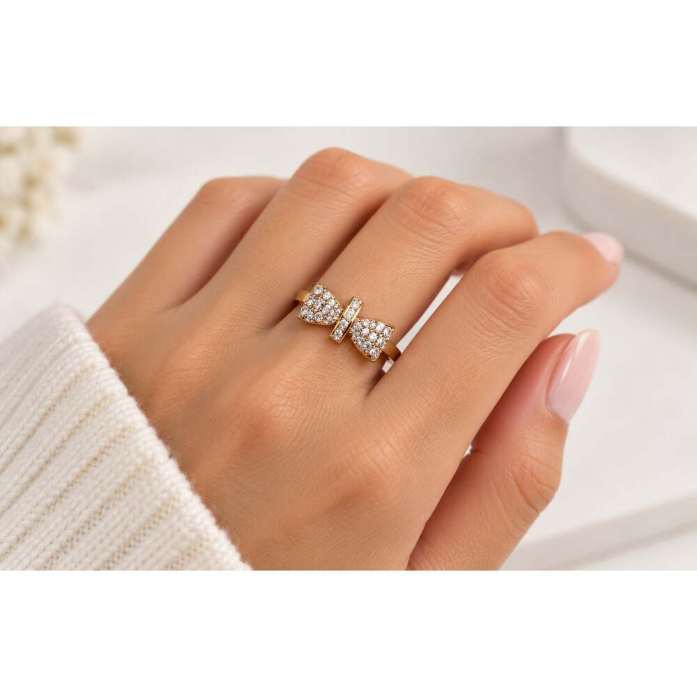 18KT Gold Plated Rhinestone Bow Rings Size 6 - Picture 2 of 3